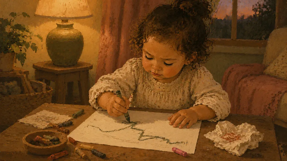 A 3-year-old child sitting at a low table using chunky crayons to trace simple shapes on paper, with a relaxed, focused expression.