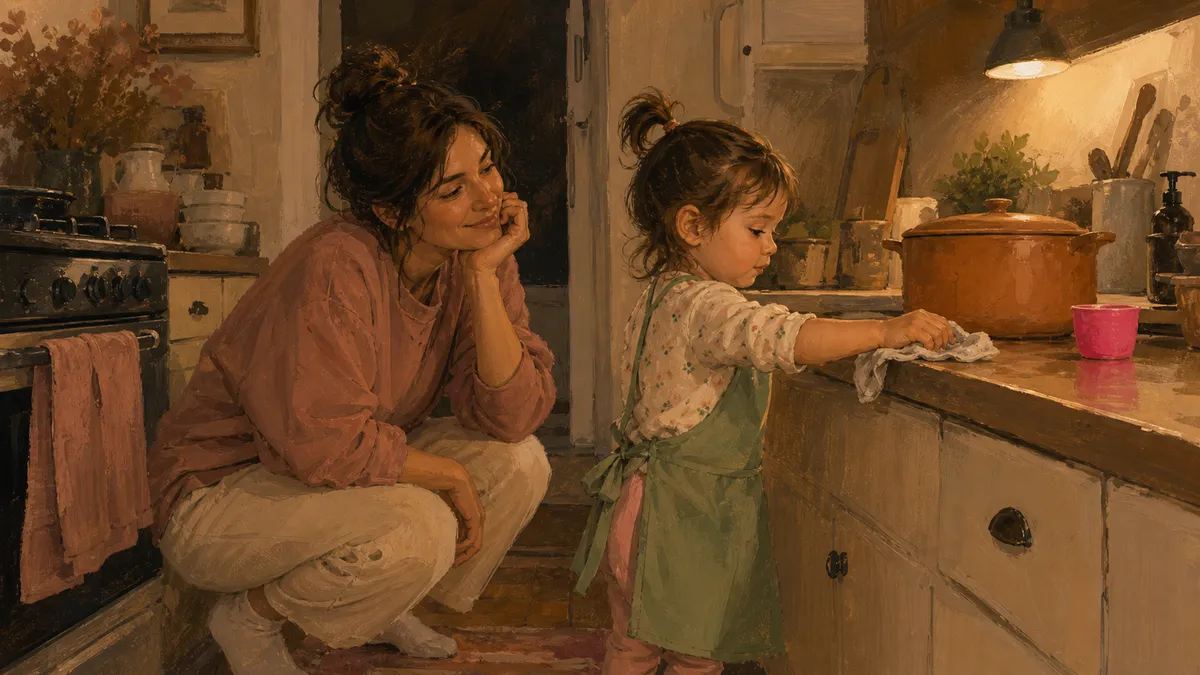 A 3-year-old girl in an apron wiping a low kitchen counter with a damp cloth while her mom watches nearby.