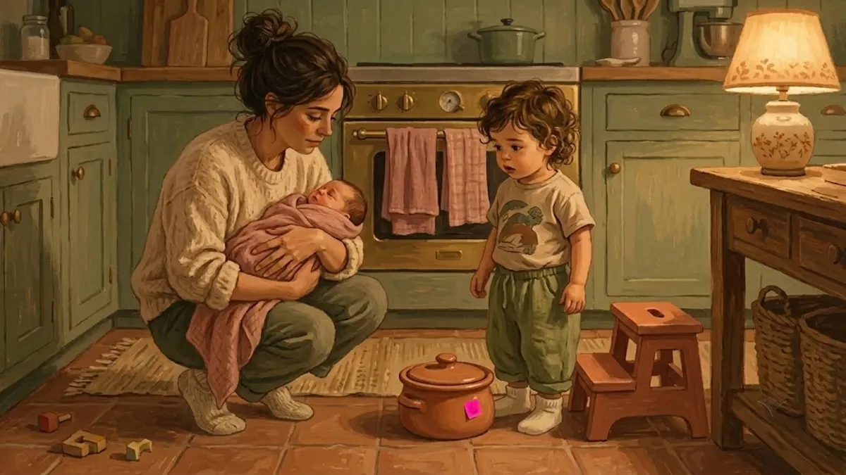 A 3-year-old standing beside a small potty while a parent holds a newborn nearby, showing the regression that follows a new baby's arrival.