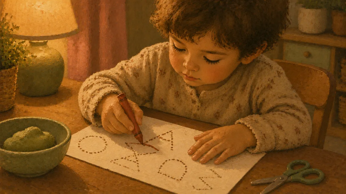 A 4-year-old child sitting at a low table, using chunky crayons to trace dotted letter shapes on paper, with a small bowl of play dough and craft scissors nearby.