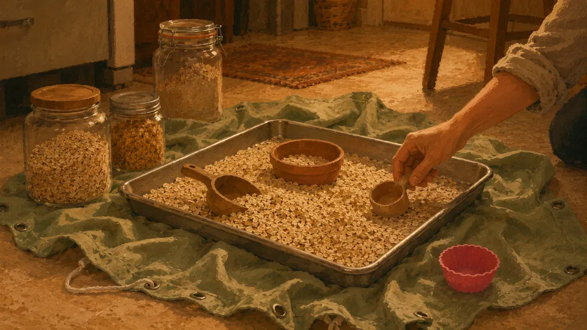 A budget sensory setup using a baking tray, kitchen pantry staples, and a shower-curtain drop cloth