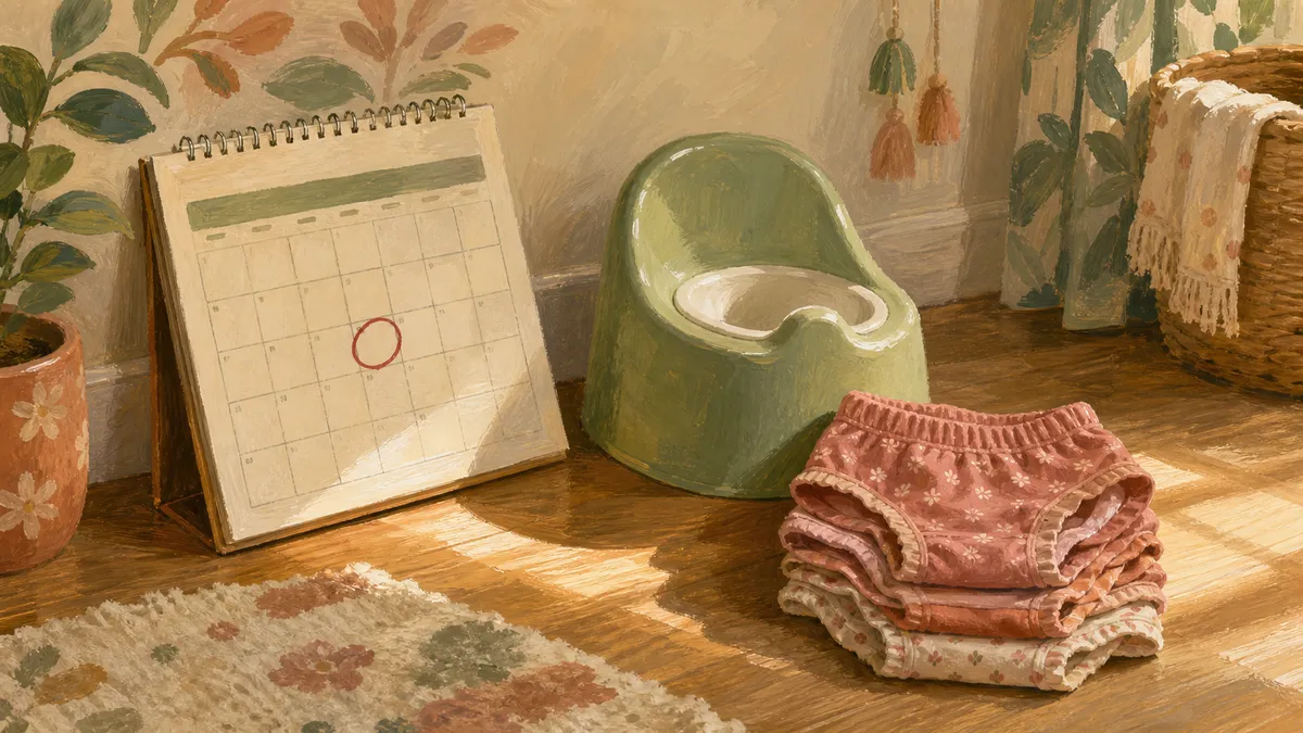 A calendar with preschool start day circled beside a small potty chair and a folded stack of training pants on a sunlit floor.