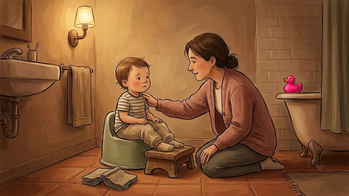 A calm toddler sitting on a small potty with a footstool in a cozy bathroom while a parent kneels nearby offering reassurance