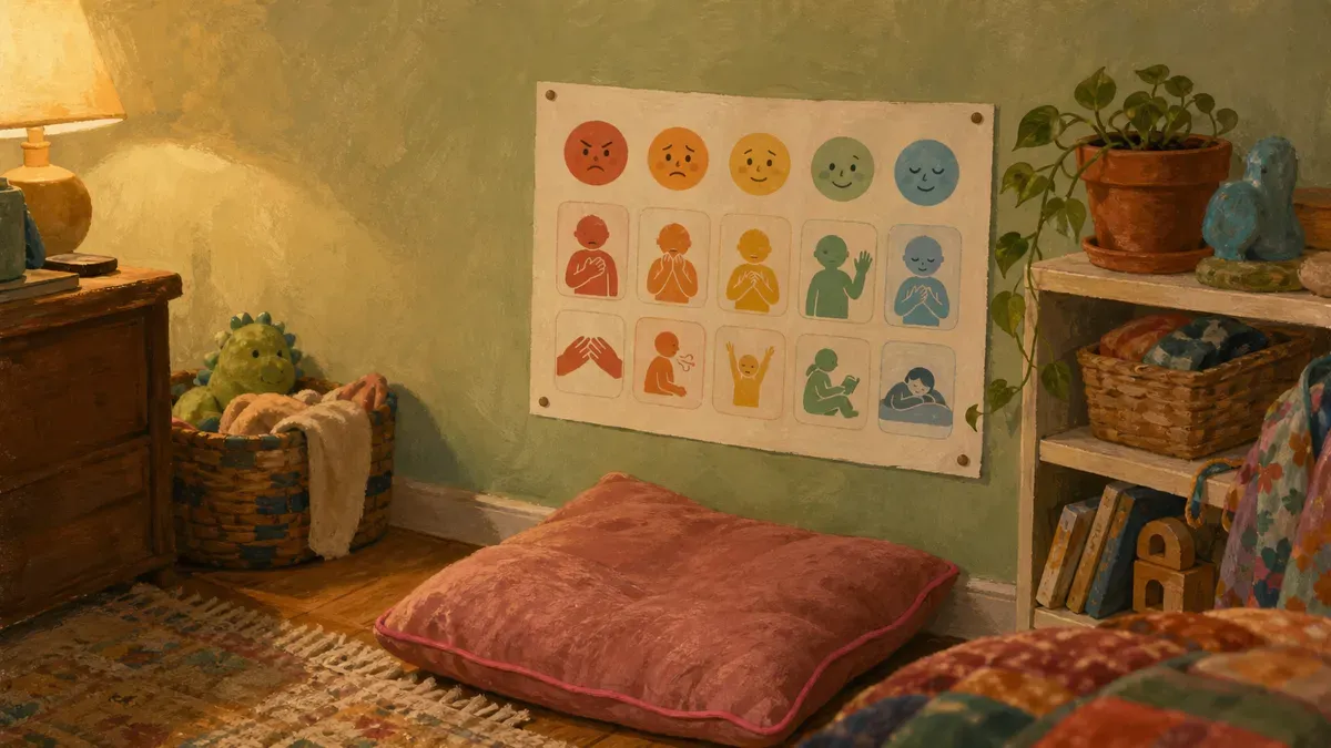 A child-height calm down corner with a laminated feelings poster, a zones of regulation chart, and a small cozy cushion tucked into a quiet classroom corner.