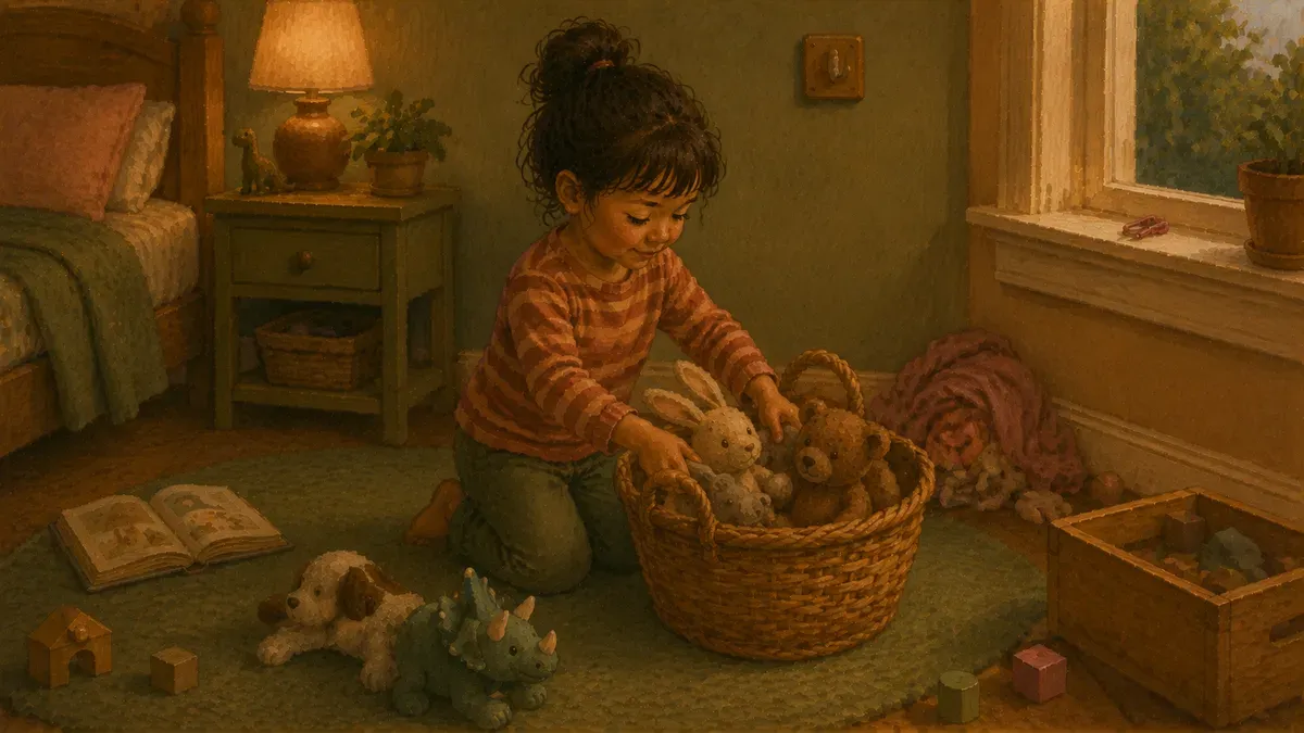 A child independently tidying their room without looking at any chart