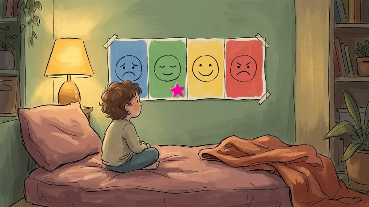 A child sitting in a cozy calm-down corner with a four-color zones chart on the wall showing blue, green, yellow, and red feelings zones.