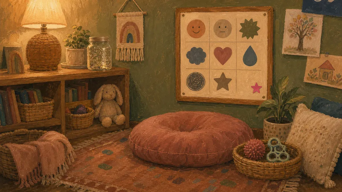 A classroom calming corner with floor cushions, feelings chart, and sensory tools