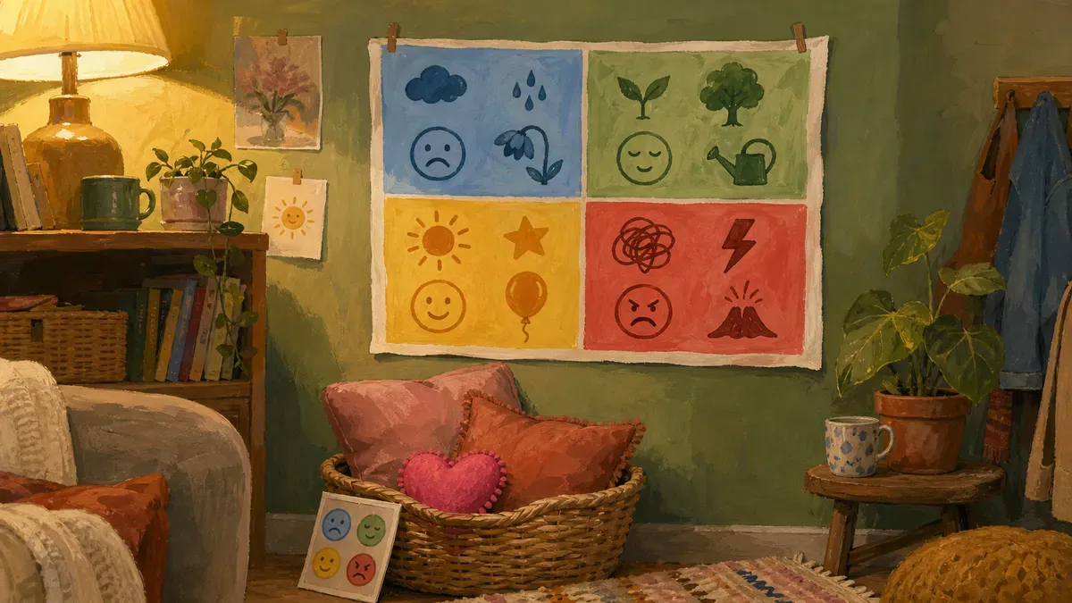 A color-coded zones of regulation chart displayed on a wall beside a cozy toddler calm-down corner with soft pillows and a feelings card.