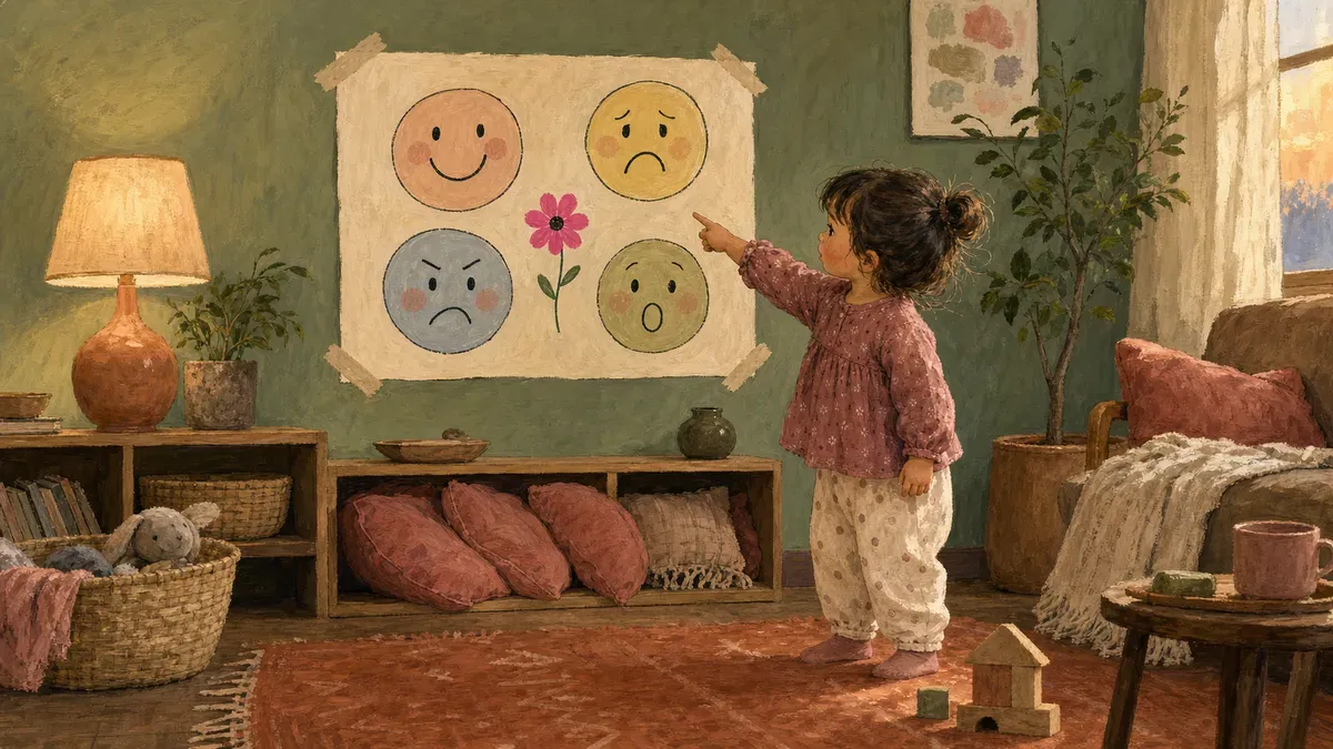 A colorful feelings chart with simple emotion faces, designed for pre-verbal toddlers to point to when they cannot name how they feel.