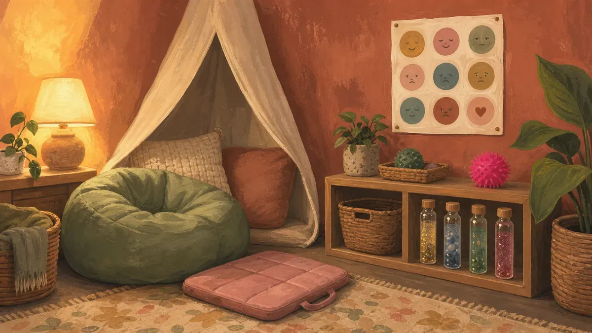 A cozy calm corner classroom setup with a small tent, weighted lap pad, sensory bottles, and feelings cards arranged in a quiet corner of a classroom.