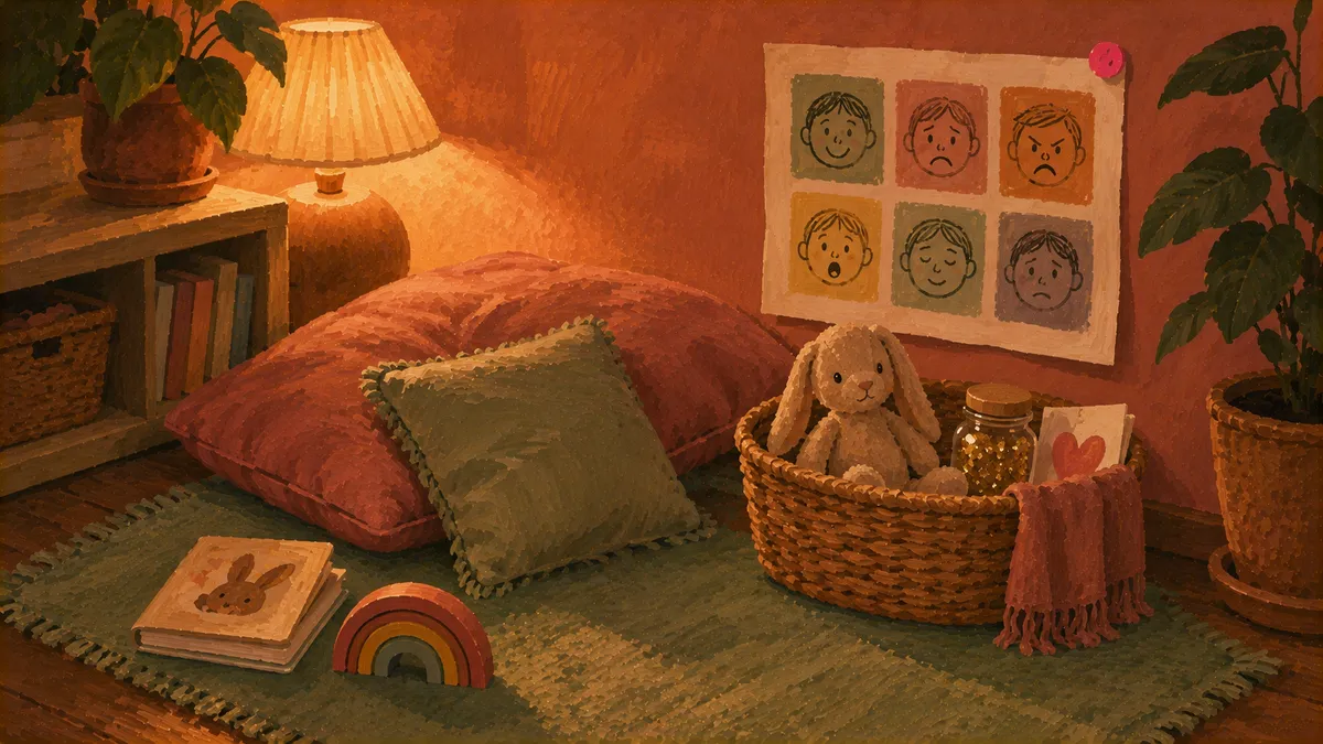 A cozy calm down corner in a home living room with a soft pillow, a small basket of fidget toys, and a feelings chart pinned to the wall at a child's eye level.