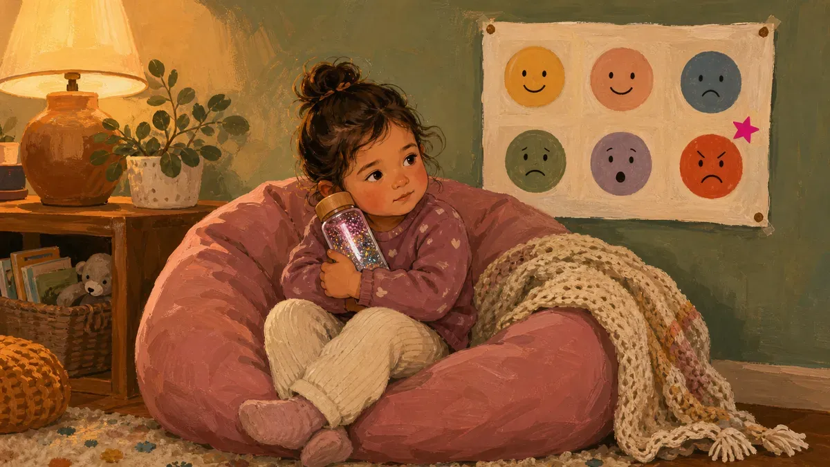 A cozy calm-down corner with a soft pillow, a feelings chart on the wall, and a child sitting quietly with a sensory bottle, representing the difference between reflection rules and traditional time-out.