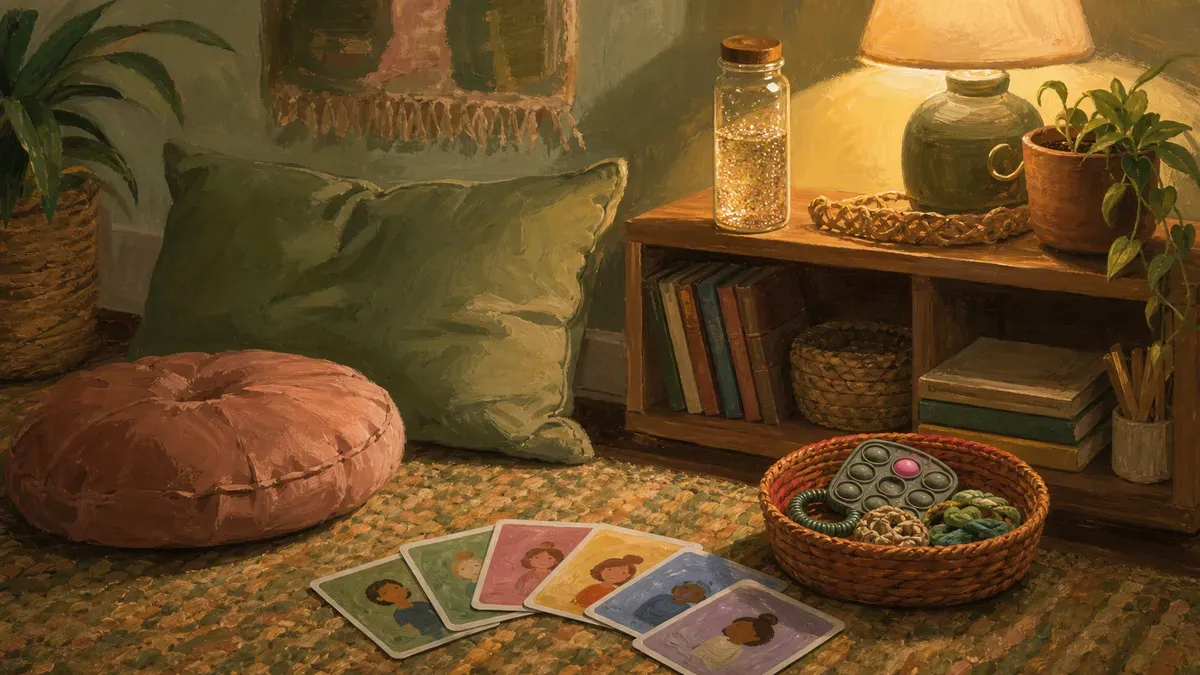 A cozy calm down corner with a soft pillow, a homemade sensory bottle, printed feelings cards, and a small basket of fidget tools arranged on a low shelf for a toddler.