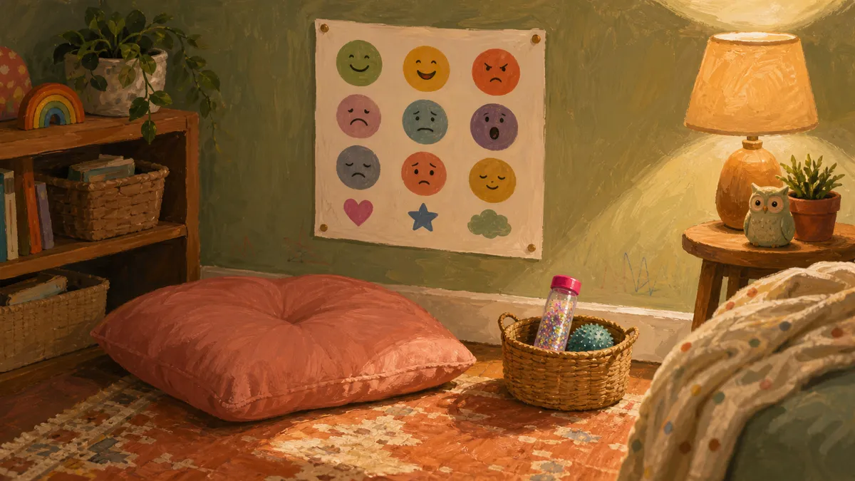 A cozy calming center corner for kids with a soft cushion, a glitter sensory bottle, and a simple feelings chart on the wall.