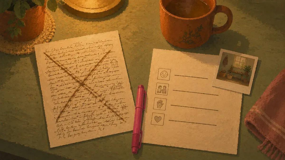 A crossed-out wordy social story next to a cleaner, simpler rewritten version
