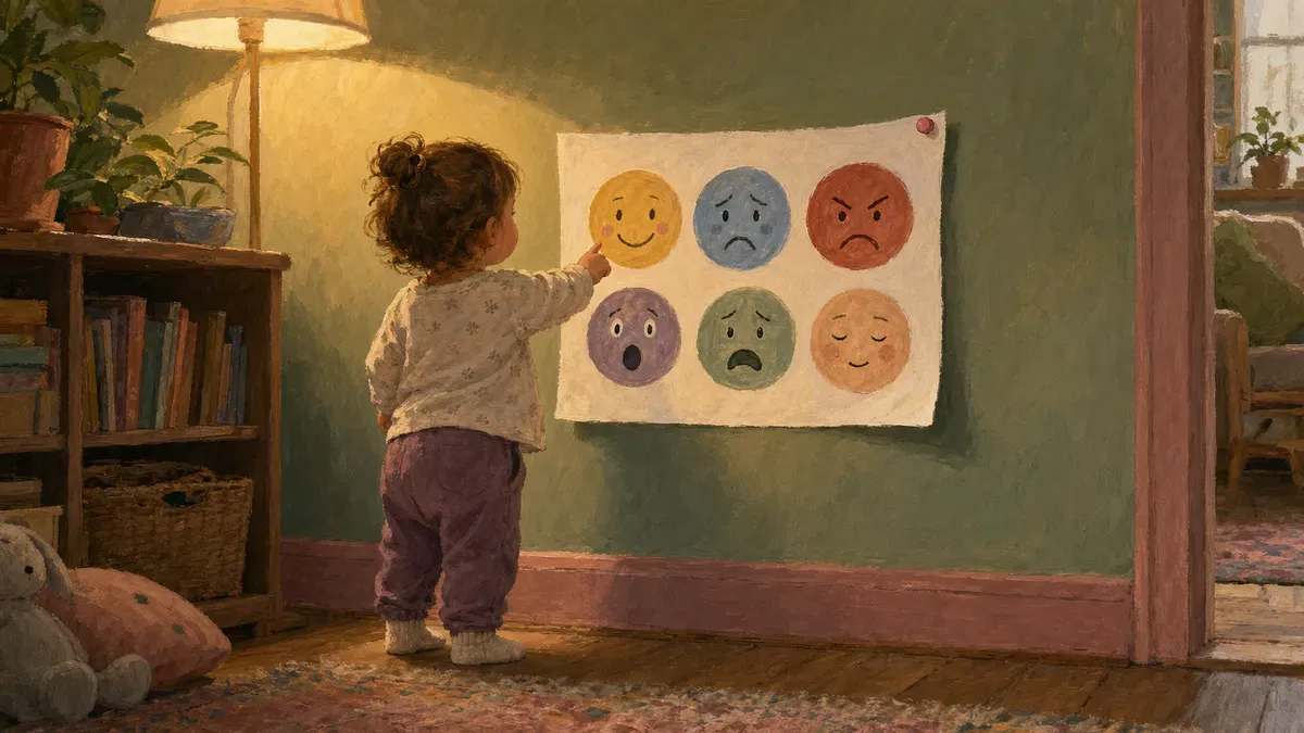 A one-page toddler emotion chart featuring six clear faces with labels in large text, mounted at child height