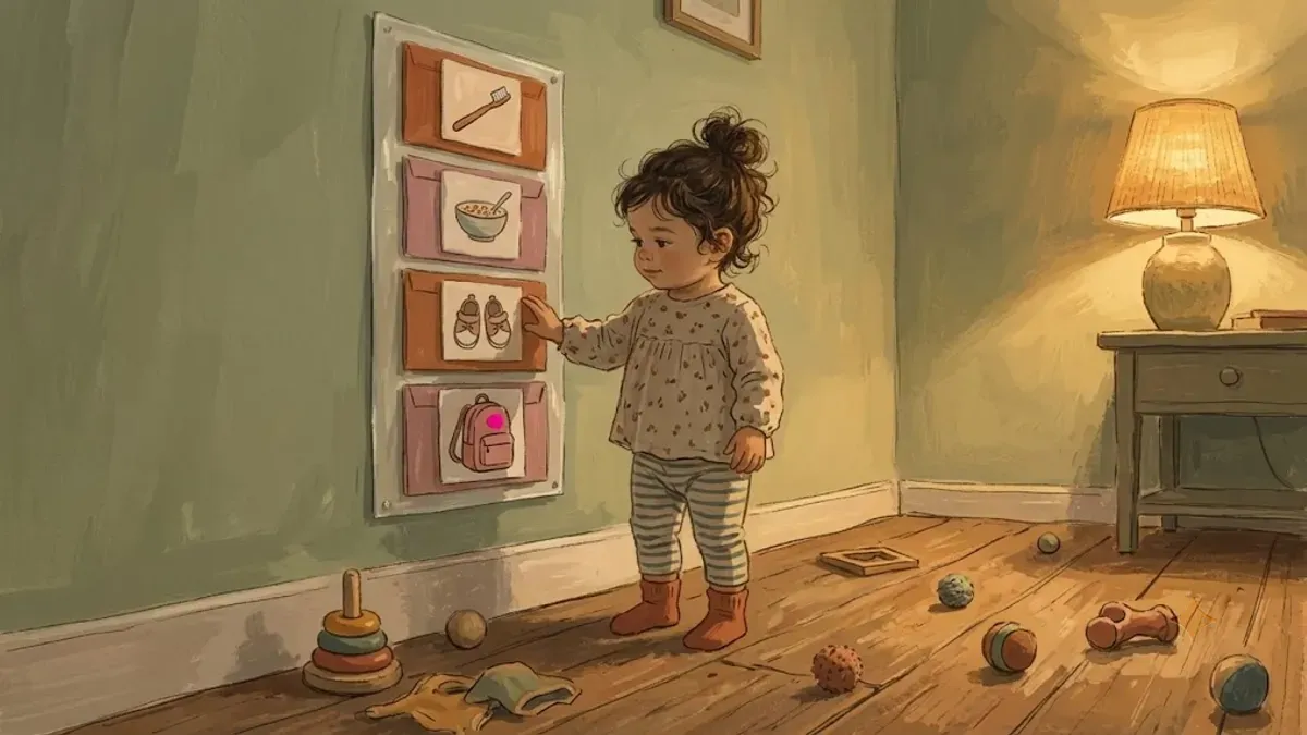 A laminated autism visual schedule with picture cards showing a morning routine, posted at a child's eye level on a colorful bedroom wall.