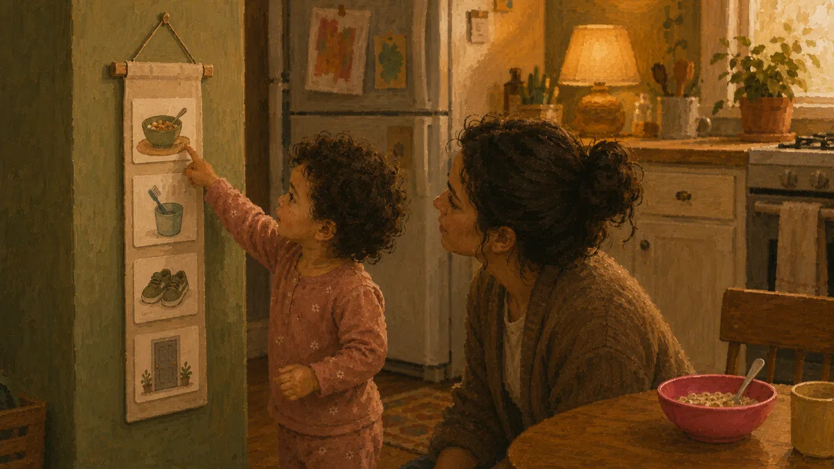 A laminated toddler visual schedule with hand-drawn routine pictures hanging at a child's eye level on a refrigerator door.