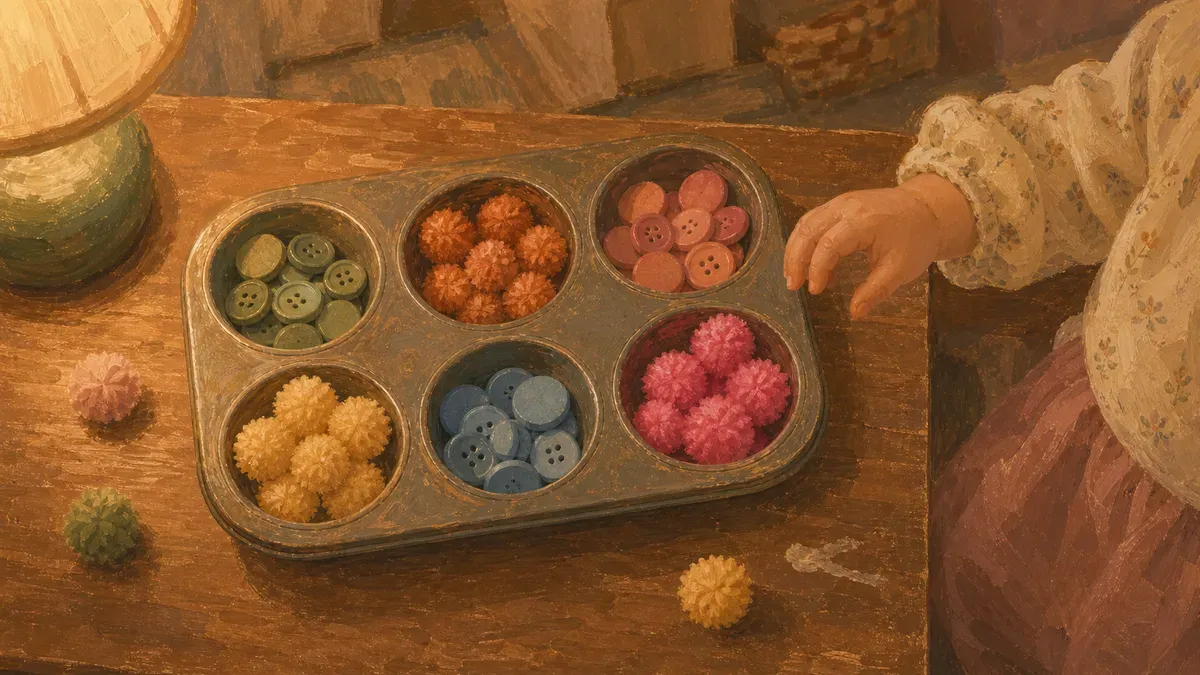 A muffin tin filled with sorted colored objects beside a toddler