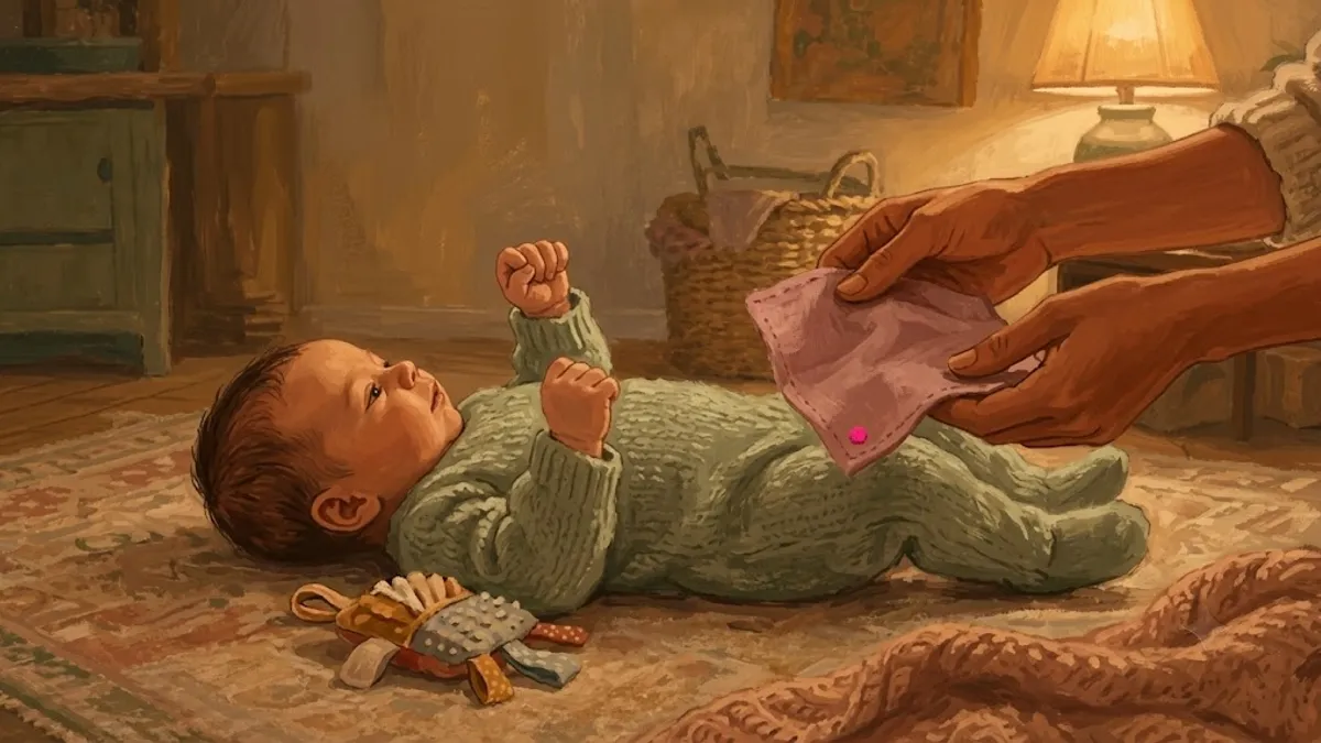 A newborn baby reaching toward a crinkle toy on a soft play mat while a caregiver's hands gently offer a textured fabric square nearby.