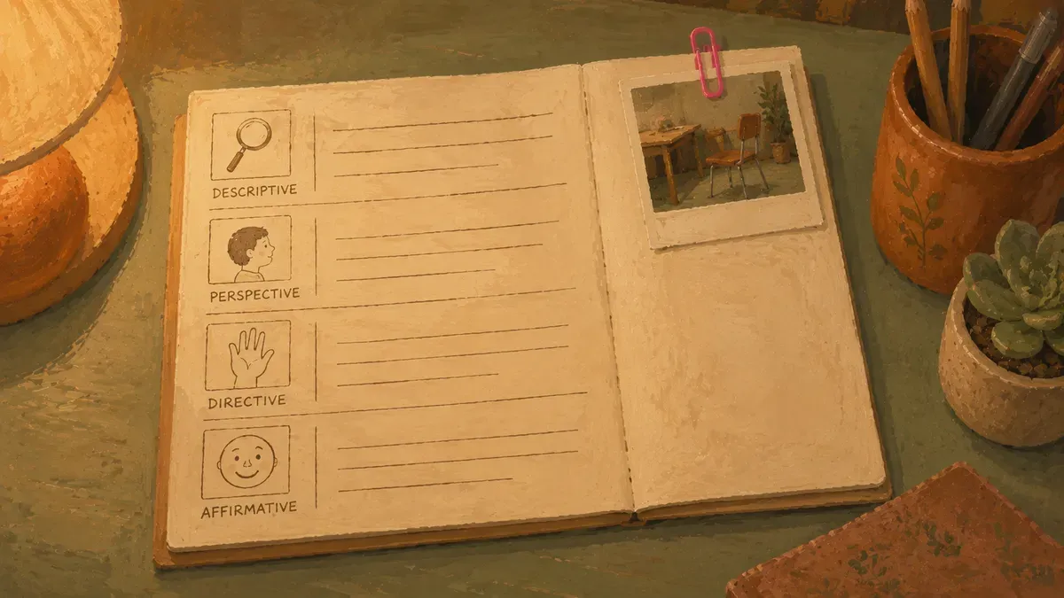 A page from a structured social story template showing labeled descriptive and directive sentences