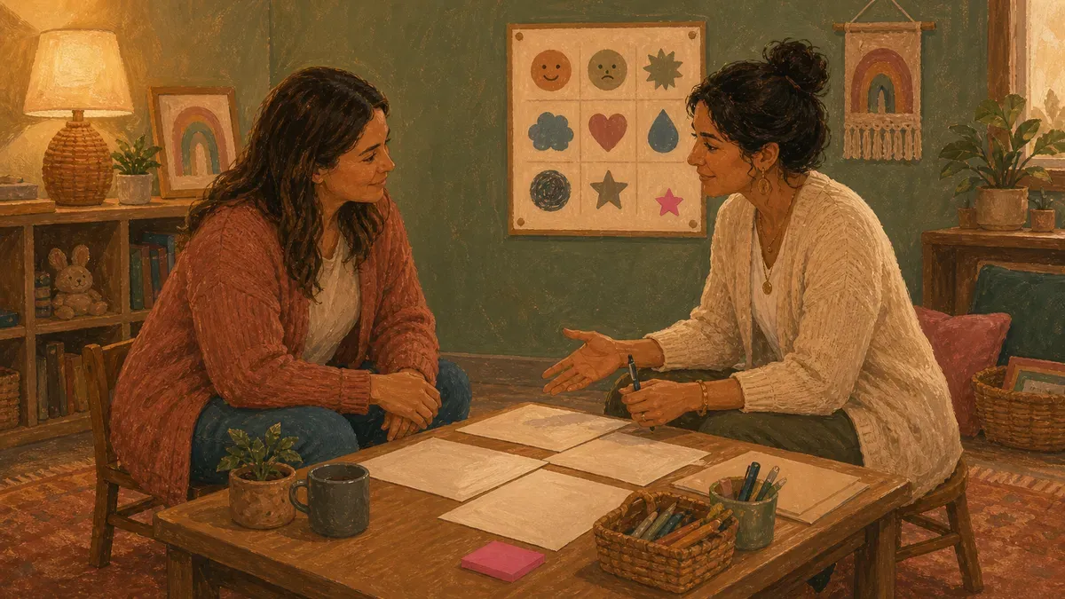 A parent and teacher reviewing an IEP document at a classroom table