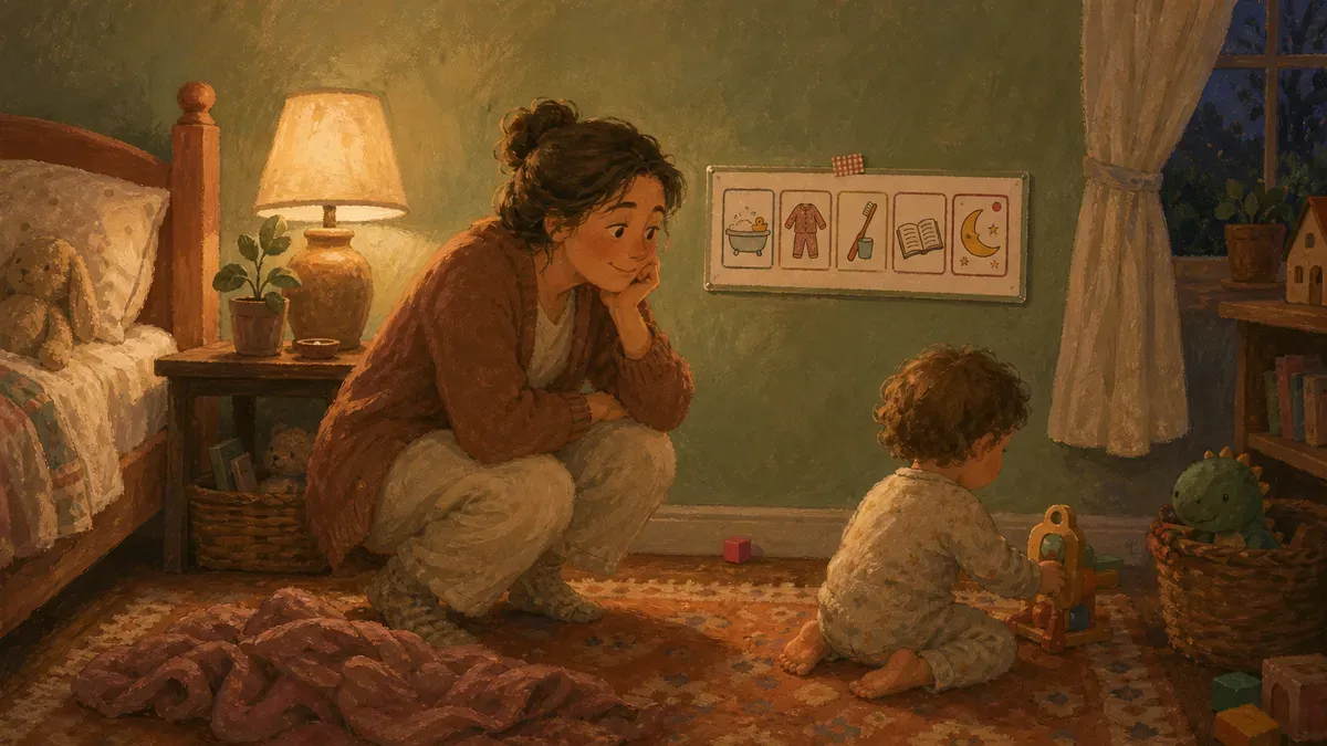 A parent and toddler at bedtime, a routine chart posted on the wall behind them that has been ignored