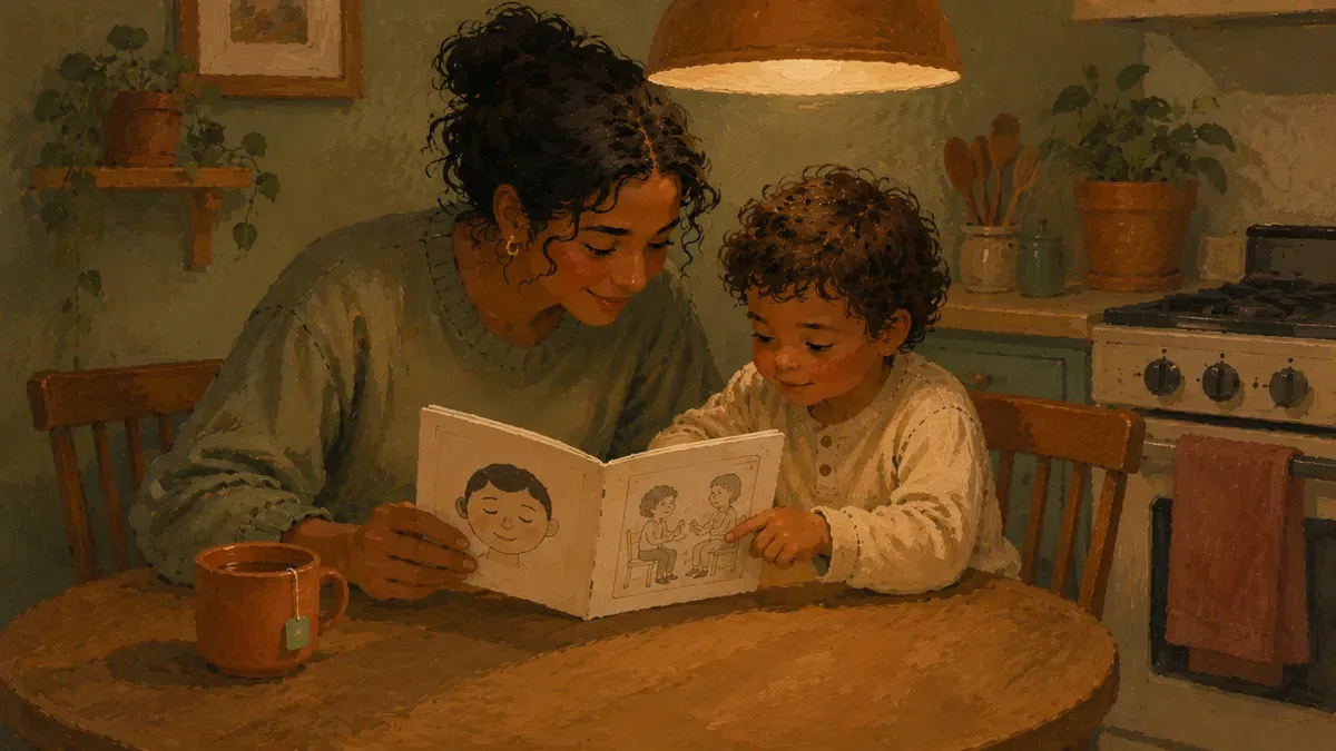 A parent and young child reading a short illustrated social story together at a kitchen table