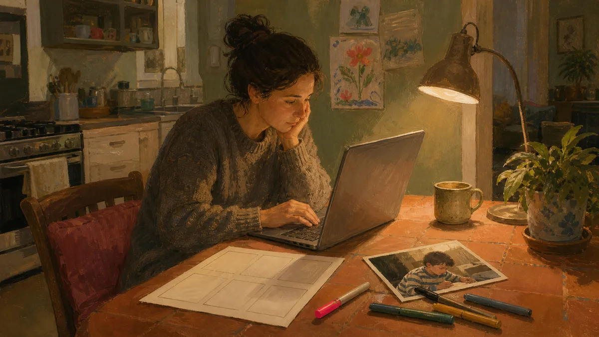 A parent sitting at a laptop with a printed social story template on the table beside a child's photo and colorful markers, customizing a visual story for a young child.