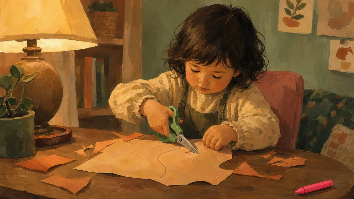 A preschooler using child-safe scissors to cut along curved lines on a colorful cutting worksheet spread on a low table.