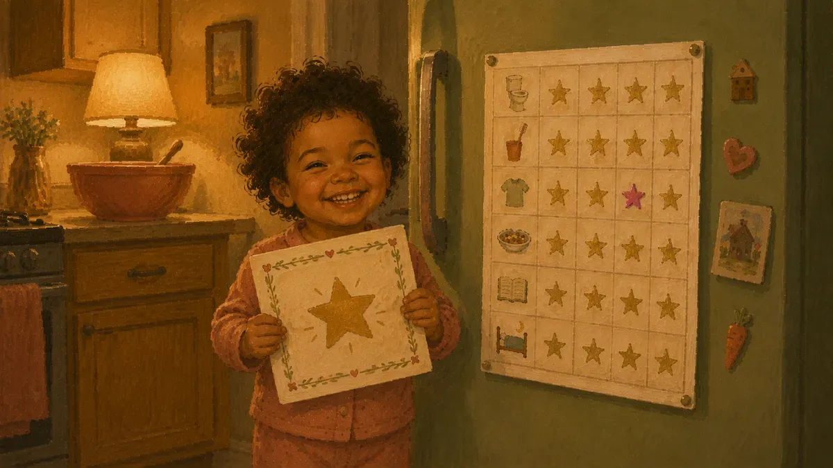 A proud toddler holding up a colorful homemade potty training certificate next to a finished sticker chart on the fridge.