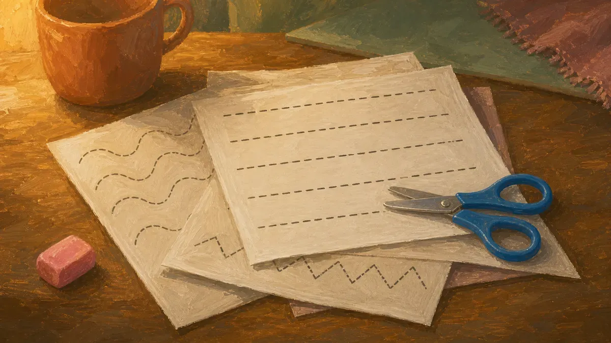 A set of printable cutting worksheets with dashed straight and curved lines