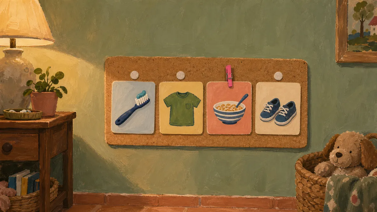 A simple homemade visual schedule board with picture cards showing a child's morning routine, mounted on a wall at toddler eye level.