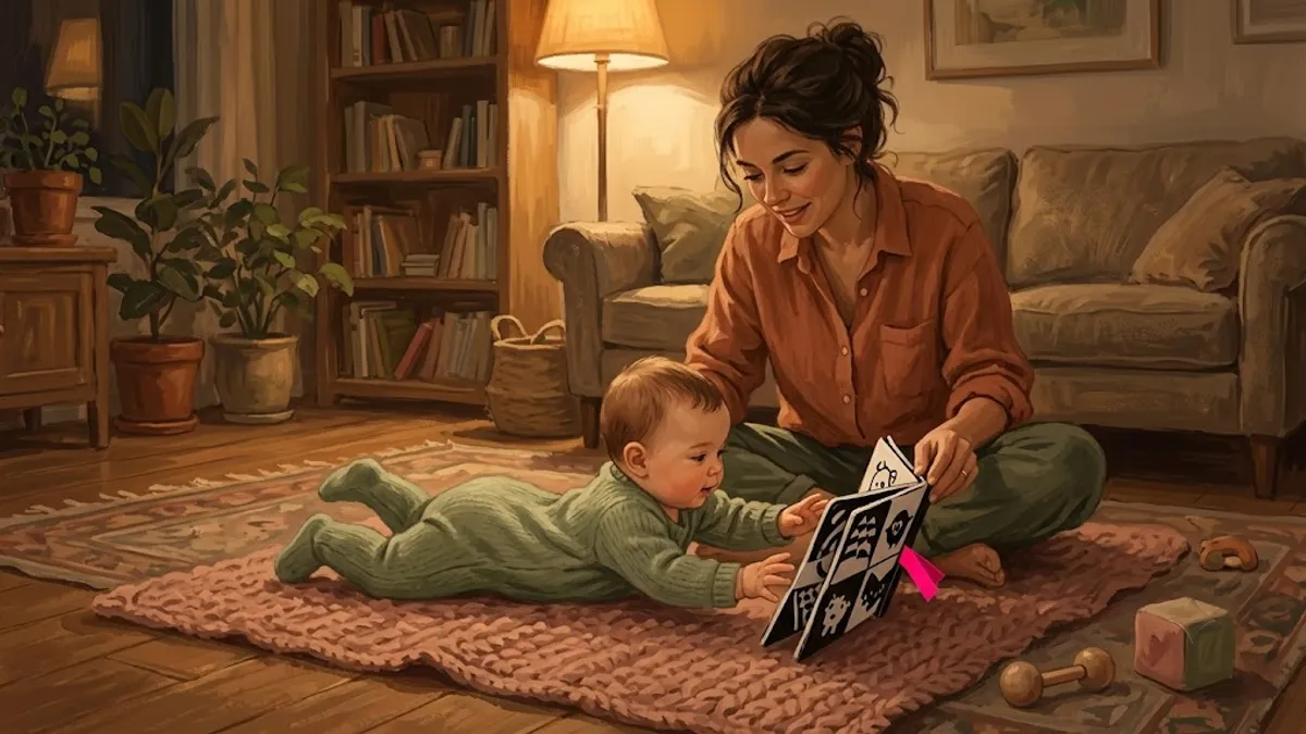 A soft fabric infant busy book open on a play mat, showing high-contrast black and white pages with crinkle textures and a teething corner, next to a baby reaching for the book.
