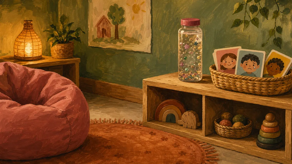 A soft, low-to-the-floor preschool cozy corner with a bean bag, a few sensory bottles, and simple feelings cards tucked into a small basket on a classroom rug.