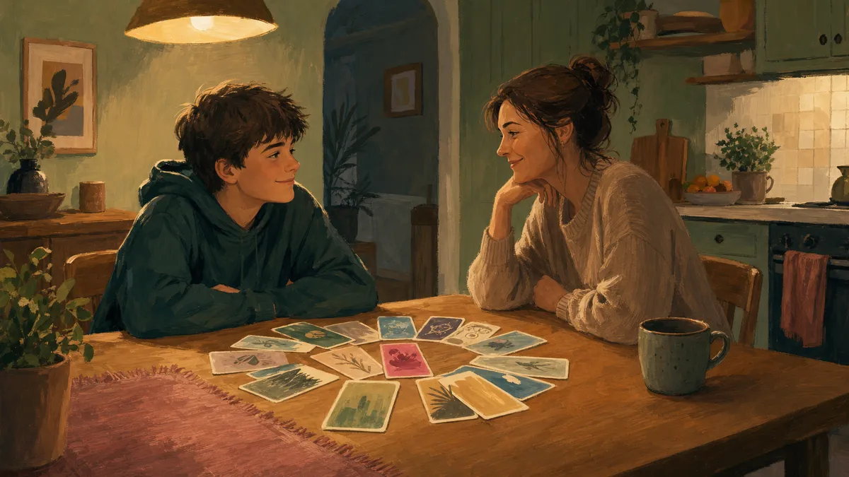 A teen and parent sitting together at a kitchen table, smiling over a set of colorful conversation cards spread between them.