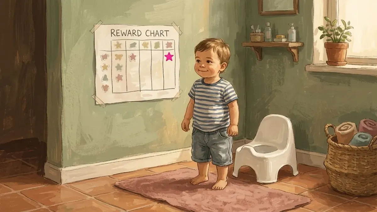 A toddler boy standing proudly next to a small potty chair in a sunny bathroom, with a sticker reward chart on the wall behind him.
