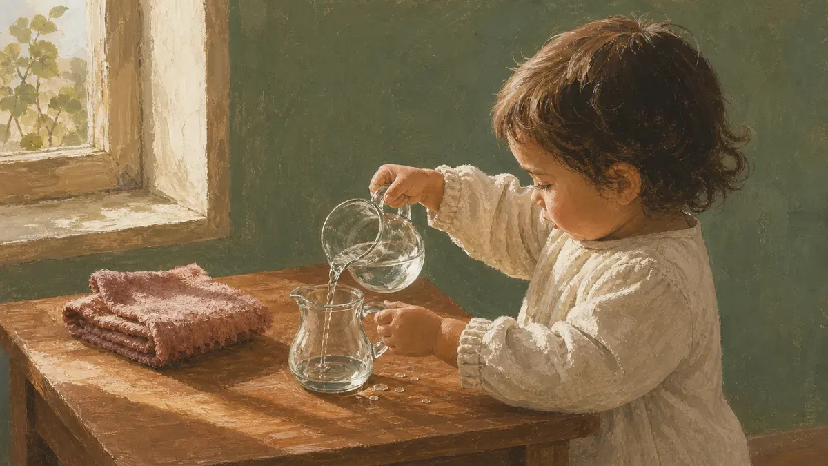 A toddler concentrating while pouring water between two small pitchers