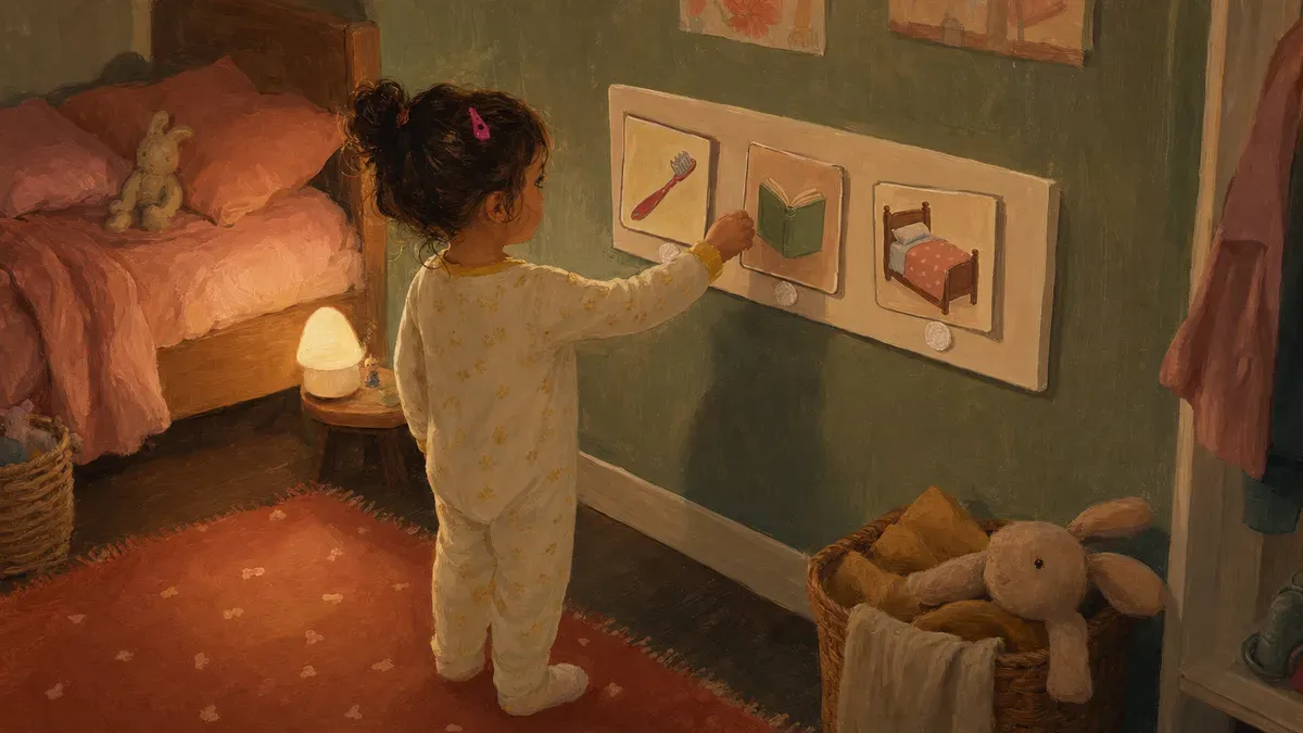 A toddler in pajamas following a colorful picture bedtime routine chart posted on the wall beside a nightlight.