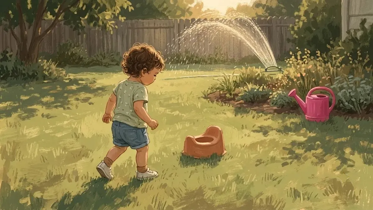 A toddler in summer clothes stands in a sunlit backyard near a small potty training chair, with green grass and a sprinkler in the background.