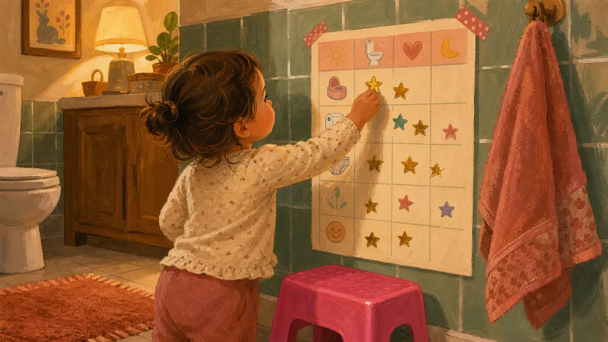 A toddler placing a gold star sticker on a colorful printed potty training chart taped to the bathroom wall, with a sticker sheet and crayons on the counter nearby.