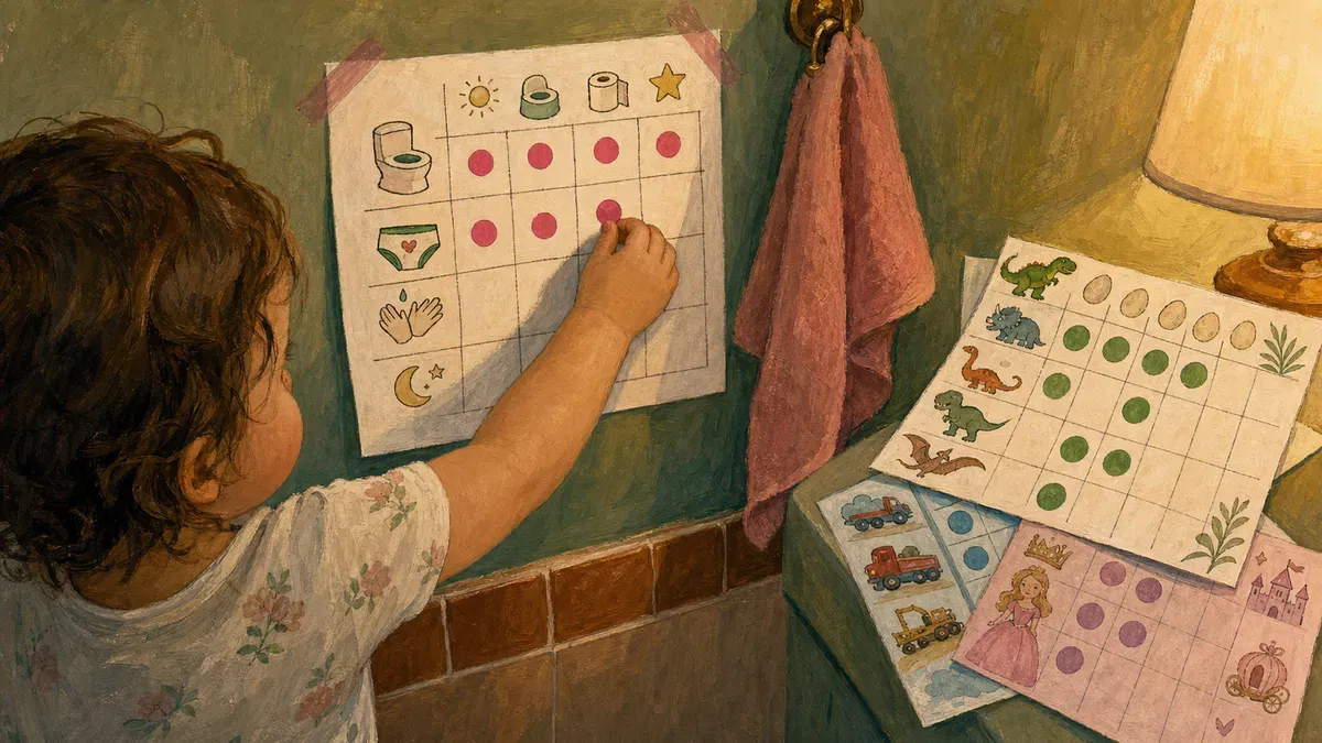 A toddler placing a sticker on a Paw Patrol-themed potty training chart taped to the bathroom wall, with dinosaur, truck, and princess chart versions stacked nearby.