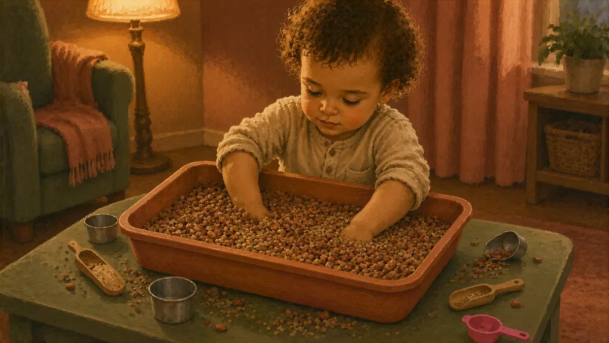 A toddler plunging both hands into a deep bin of dried beans and rice, surrounded by small scoops and containers on a low play table.