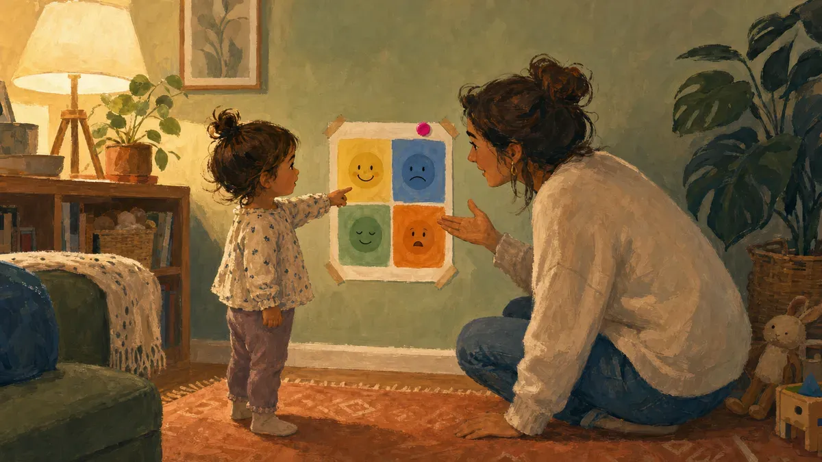 A toddler pointing at a four-color zones chart taped to the wall at eye level, with a parent crouching beside them to ask which color they feel right now.