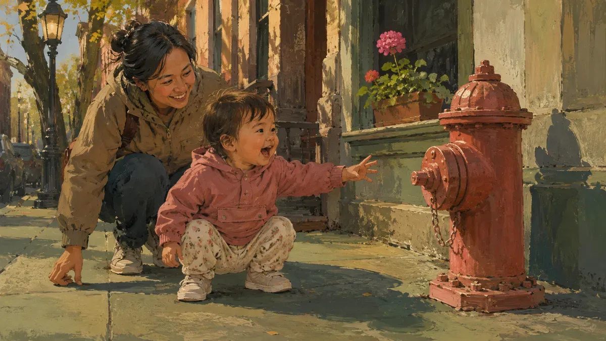 A toddler pointing excitedly at a red fire hydrant on a neighborhood sidewalk while playing a color hunt game with a parent.