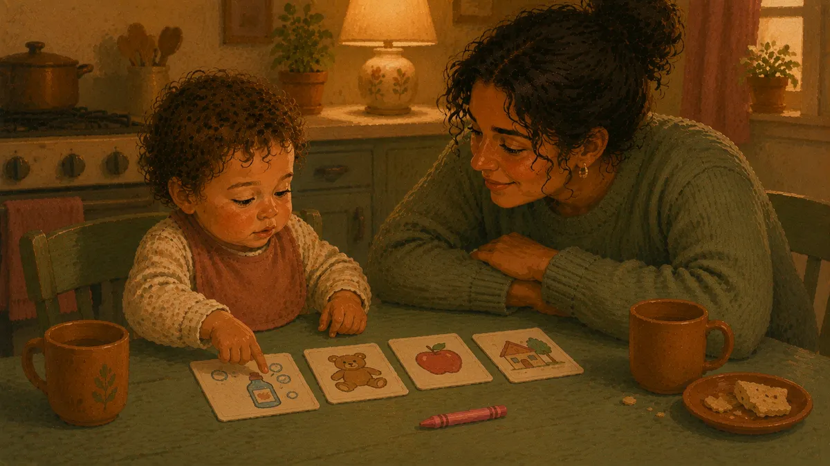 A toddler pointing to a simple hand-drawn picture communication card on a kitchen table while a parent sits nearby watching.