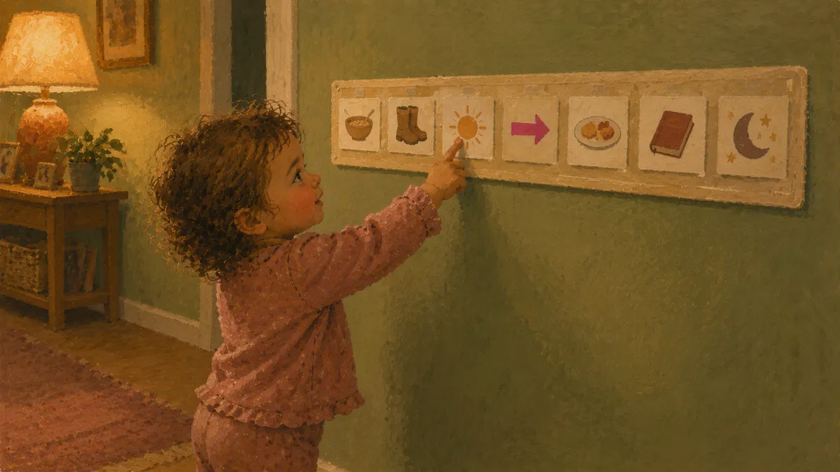 A toddler pointing to picture cards on a colorful morning routine chart mounted at eye level on a wall.