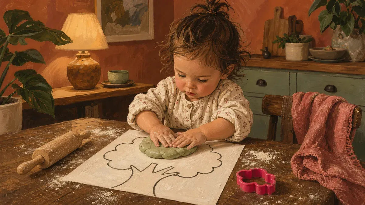 A toddler pressing bright homemade play dough onto a printed playdough mat at a kitchen table, tools scattered nearby.