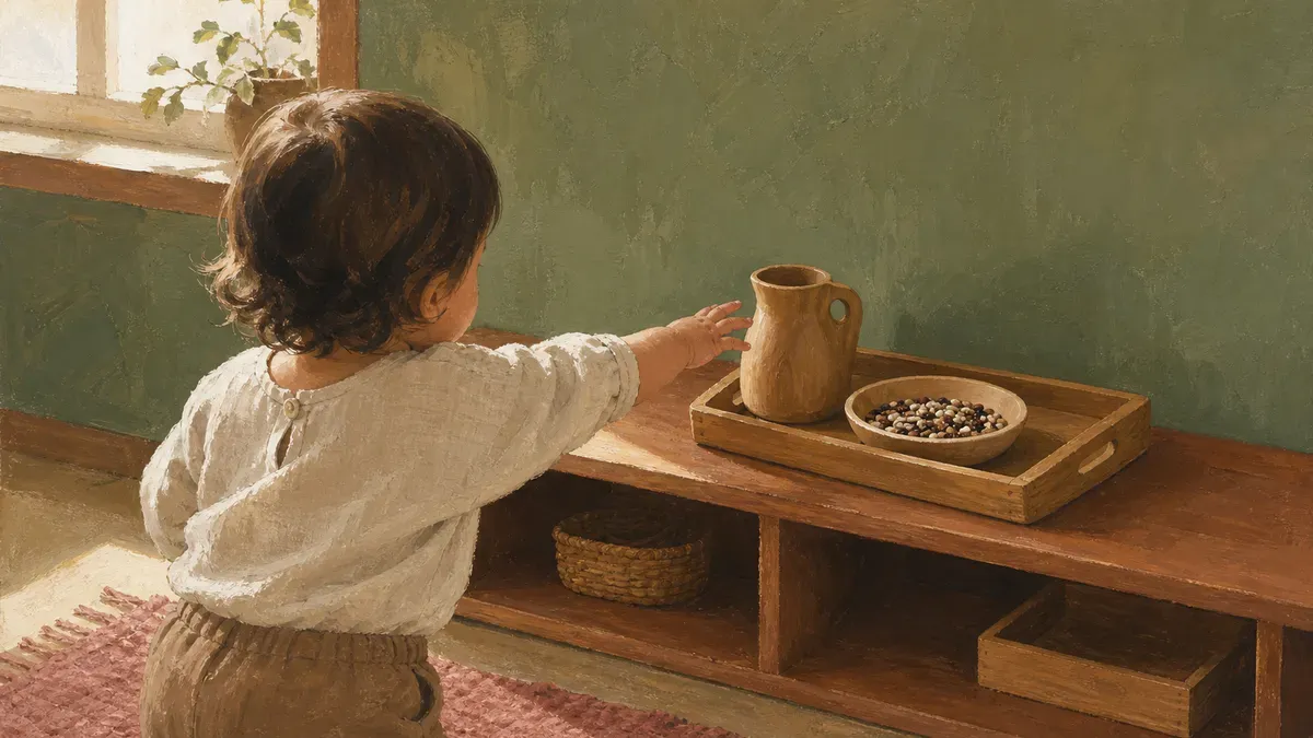 A toddler reaching into a simple wooden activity tray on a low shelf at home, with small everyday objects arranged for independent hands-on exploration.