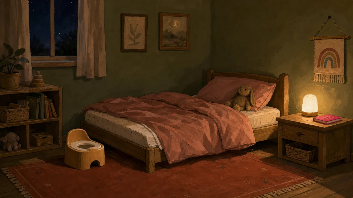 A toddler's bedroom at night with a small potty beside the bed, a nightlight glowing, and a waterproof mattress pad ready for accident-free sleep.